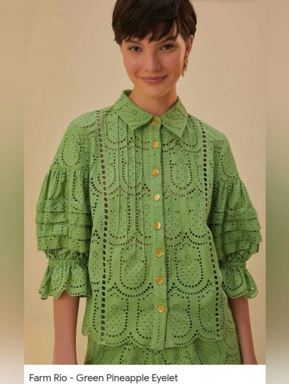 ✨💚✨FARM Rio Bright Green Eyelet Button-Front Blouse